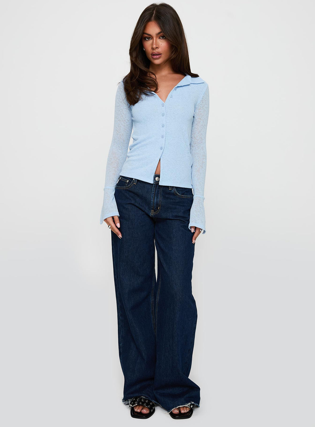 front view of model wearing Princess Polly Finnean Long Sleeve Top Pale Blue Full Sleeves V-Neck 
