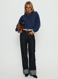 side view of model wearing Princess Polly Amandi Zip Through Knit Jumper Navy / Cream Cropped Jumpers Jumpers 