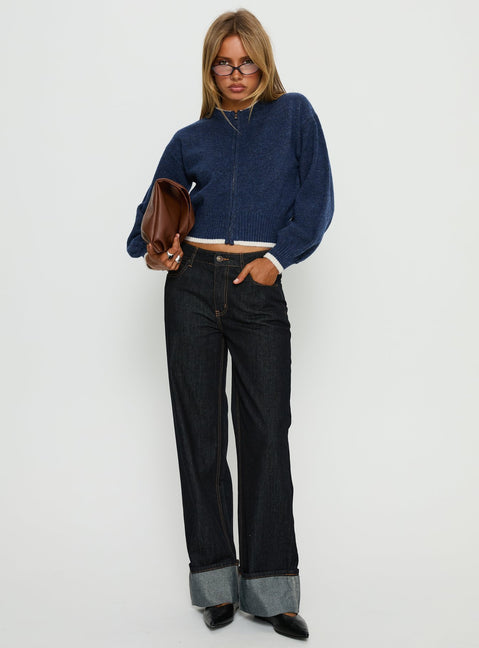 side view of model wearing Princess Polly Amandi Zip Through Knit Jumper Navy / Cream Cropped Jumpers Jumpers 