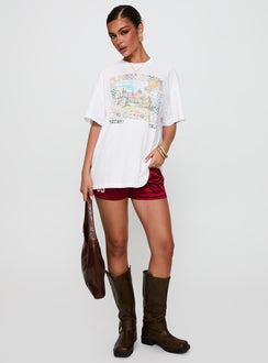 back view of model wearing Princess Polly Love From Tuscany Oversized Graphic Top White Half Sleeves Crew Neck 