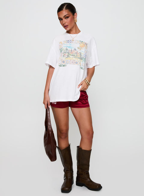 back view of model wearing Princess Polly Love From Tuscany Oversized Graphic Top White Half Sleeves Crew Neck 
