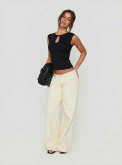 Designed with Picco Ultra Low Rise Wide Leg Jeans Cream in womens-jeans featuring low-rise detail view of model wearing