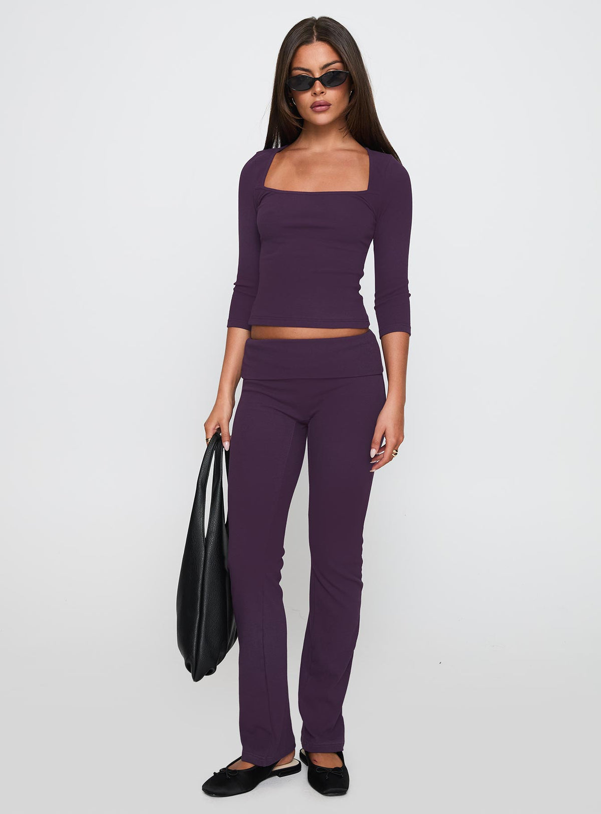 side view of model wearing Princess Polly So American Rib 3/4 Sleeve Top Purple Three Fourth Sleeves Square Neck 