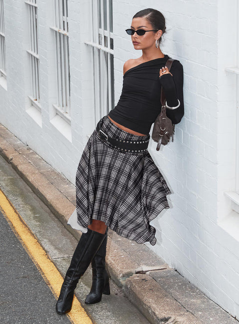   front view of model wearing Princess Polly Scholar Asymmetrical Midi Skirt Grey Check Midi Skirts 