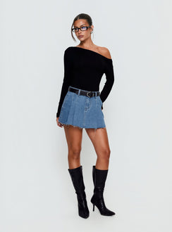   front view of model wearing Princess Polly Debera Pleated Mini Skirt Mid Blue Wash Skirts 