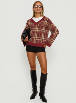 front view of model wearing Princess Polly Sydda V Neck Knit Sweater Red Plaid Cropped Jumpers Jumpers 