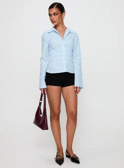 front view of model wearing Princess Polly Liesel Shirred Long Sleeve Top Stripe Full Sleeves V-Neck 