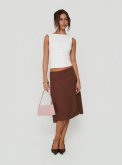 Showcasing the Such Delight Linen Midi Skirt Chocolate in womens-skirts front view of model wearing Princess Polly