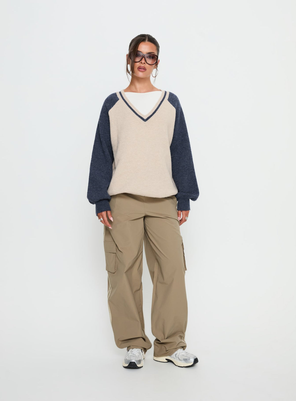 front view of model wearing Princess Polly Adana V Neck Graphic Knit Sweater Multi Longline Jumpers Jumpers 