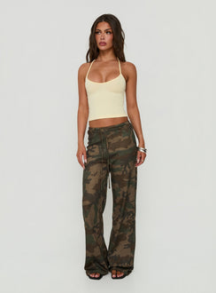 Showcasing the Seylah Waffle Jersey Pants in camo print, womens regular pants with mid-rise waist and wide-leg silhouette, front view of model wearing