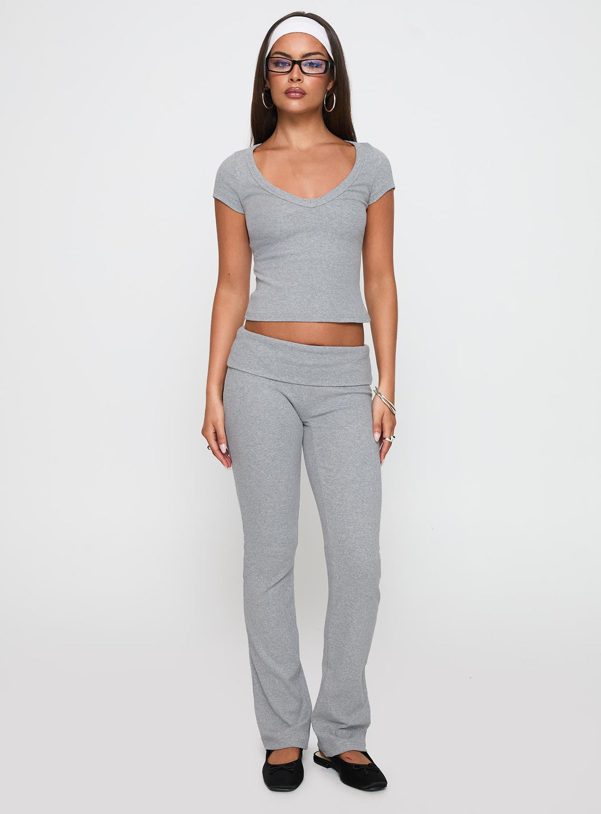 front view of model wearing Princess Polly Truth Be Told Straight Leg Pant Grey Marle Low Rise Pants Pants 