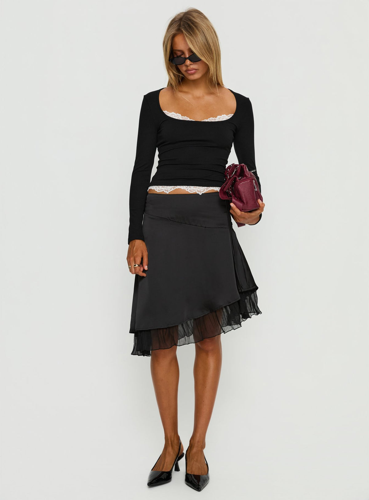 Falling Through Lace Detail Long Sleeve Top Black