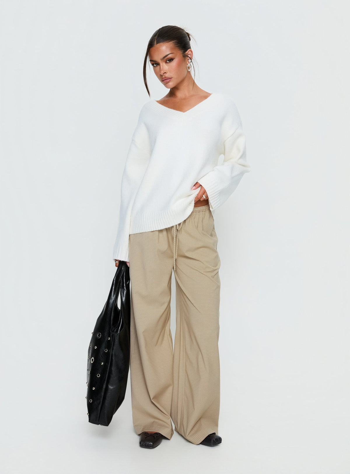 front view of model wearing Princess Polly Ketrina Tie Waist Pants Beige Plaid Mid Rise Pants Pants 