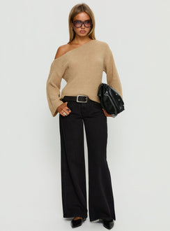 Featuring the Delyn Off Shoulder Slouchy Knit Sweater Camel womens jumper with short length front view of model wearing Princess Polly