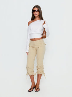 side view of model wearing Princess Polly Hot Rod Capri Pant Beige Mid Rise Pants Pants 