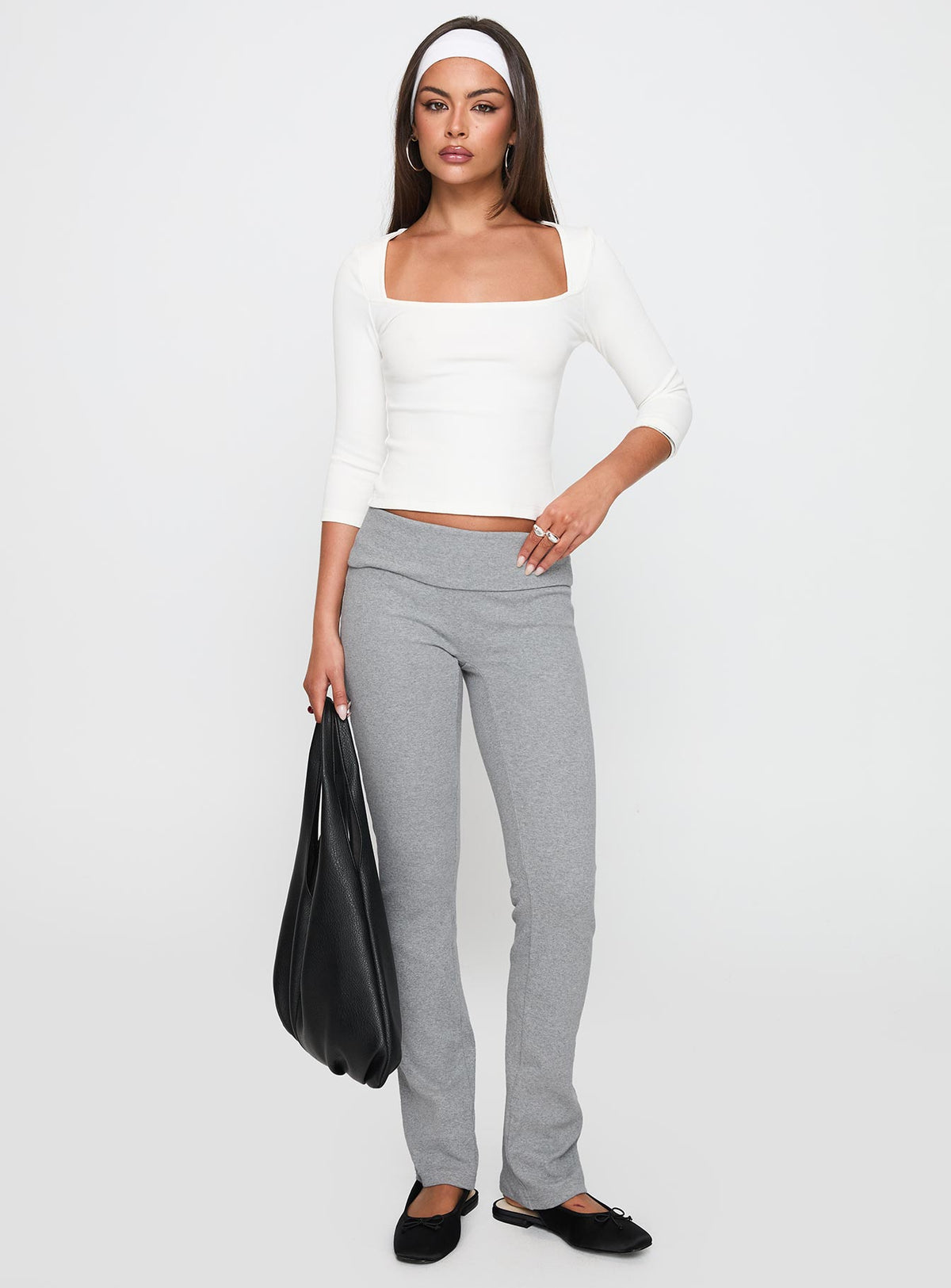 front view of model wearing Princess Polly So American Rib 3/4 Sleeve Top White Three Fourth Sleeves Square Neck 