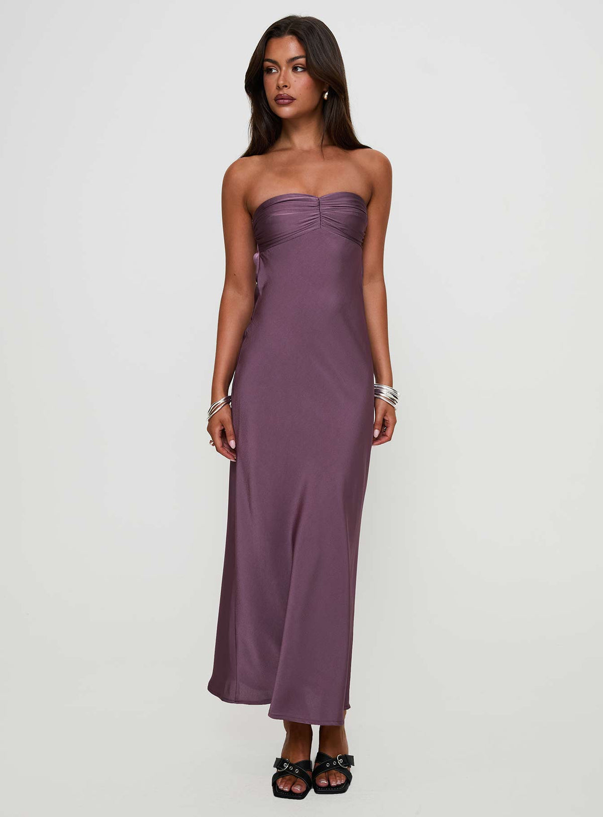 front view of model wearing Princess Polly Maryska Strapless Maxi Dress Purple Sweetheart Neckline 