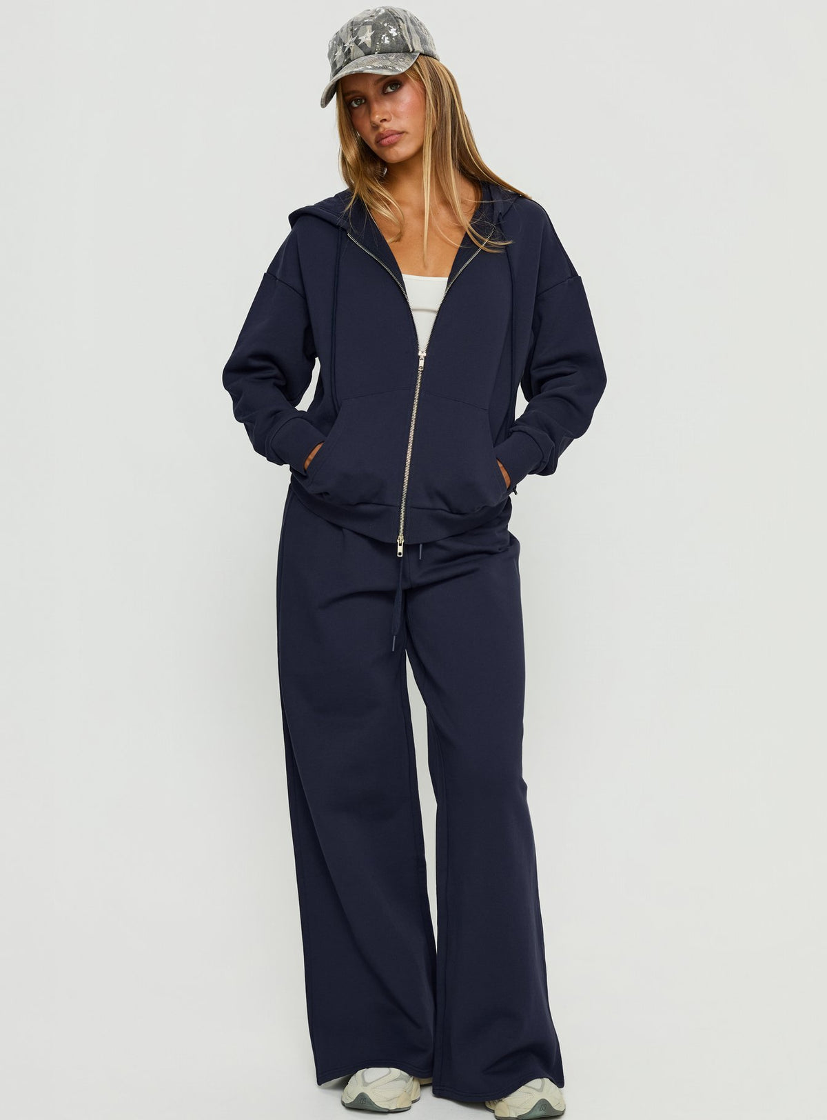front view of model wearing Princess Polly All Day Oversized Hoodie Navy cropped Jumpers 