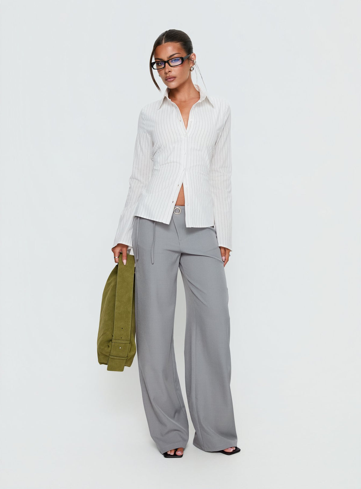 Eryx Tie Back Button Up Top White Pinstripe