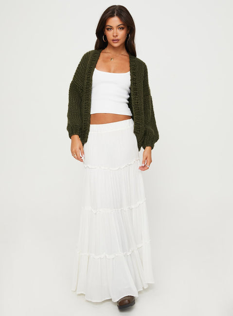 front view of model wearing Princess Polly Lester Knit Cardigan Olive Longline Jumpers Jumpers 
