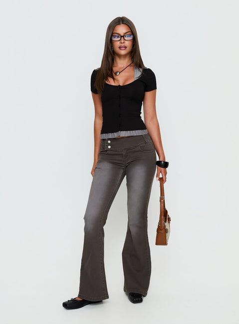 side view of model wearing Princess Polly Romea Low Waist Bootleg Jeans Dark Grey Low Rise Jeans Jeans 