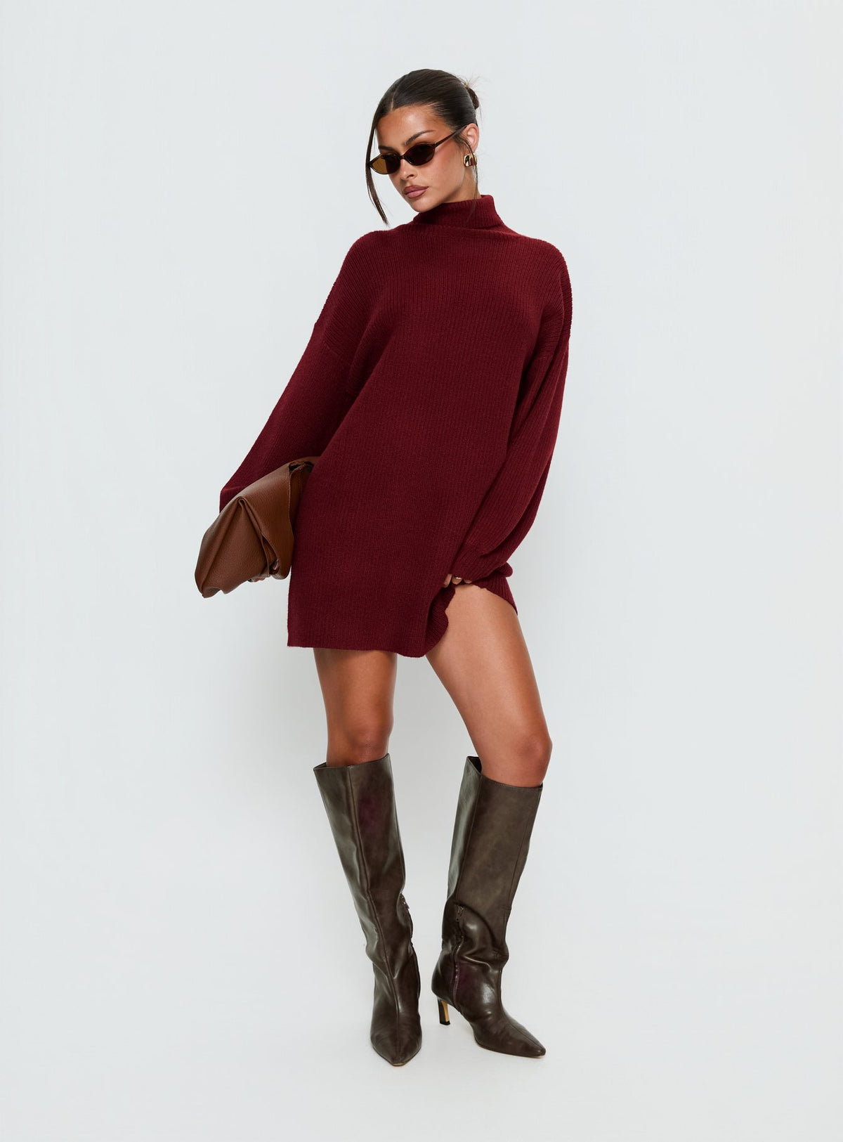 Coleena Long Sleeve Knit Mini Dress Burgundy