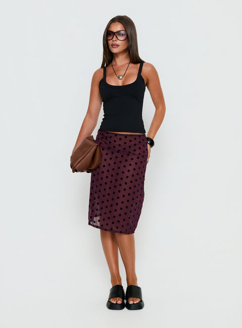   front view of model wearing Princess Polly Evani Sheer Chiffon Midi Skirt Polka Maroon Midi Skirts Skirts 