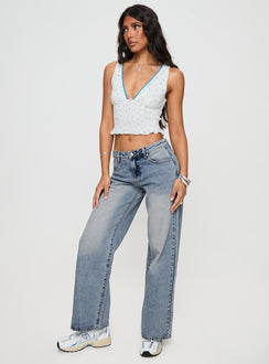 front view of model wearing Princess Polly Ronine Low Rise Wide Leg Jeans Light Wash Low Rise Jeans Jeans 