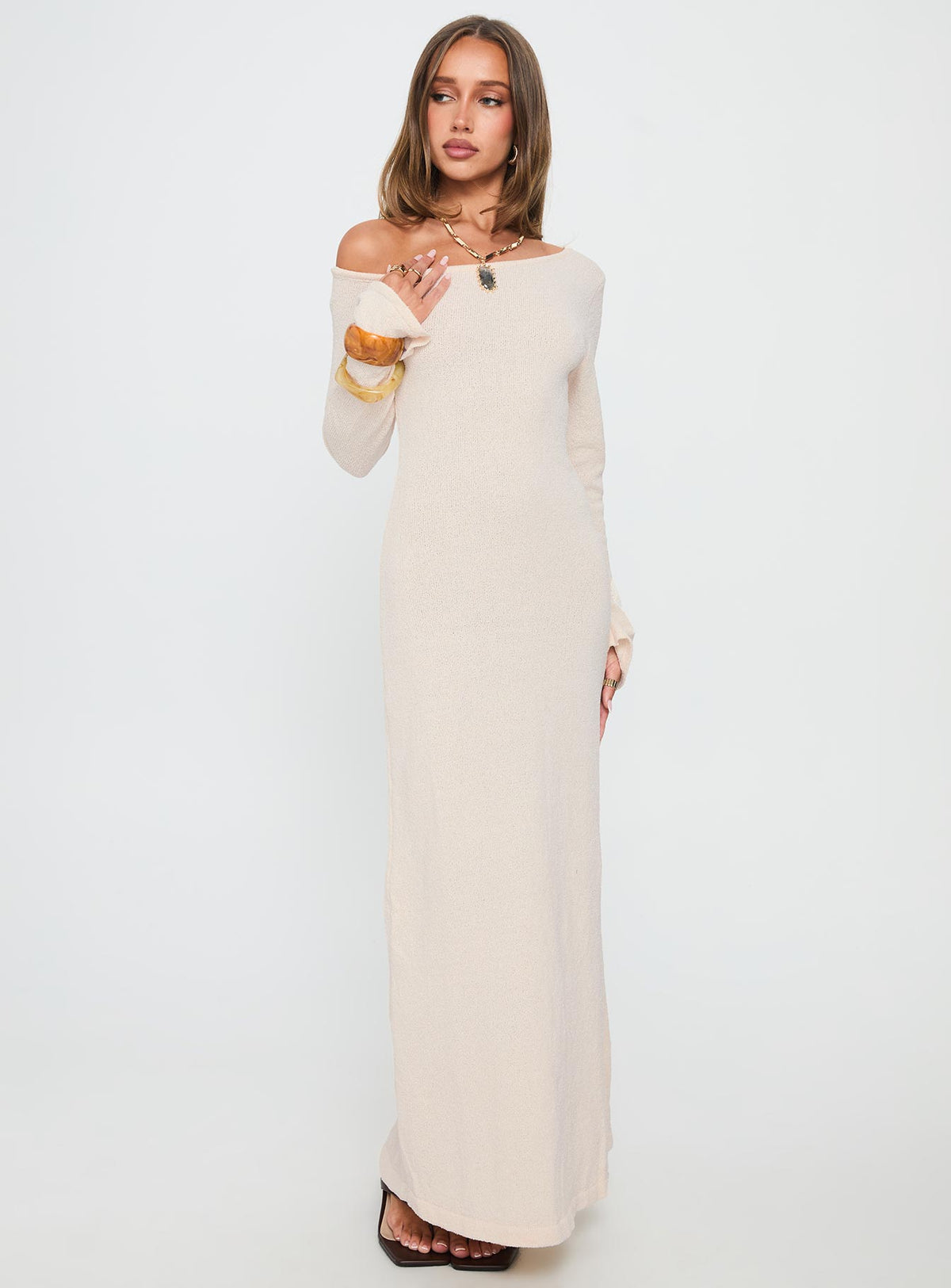 Kloey Long Sleeve Knit Maxi Dress Cream