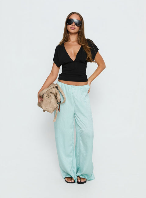 front view of model wearing Princess Polly Salona Satin Straight Leg Pants Jelly Mint Mid Rise Pants Pants 