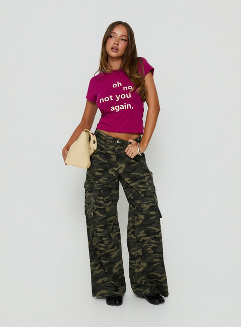 Showcasing Hudsen Cargo Pants Camo in womens regular pants with mid-rise waist and camo print front view of model wearing Princess Polly
