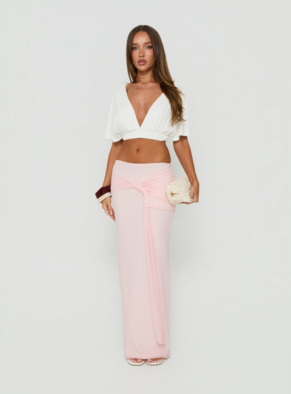 Designed with the Isador Ruched Maxi Skirt Pink in womens-skirts featuring fitted a-line shape and solid light pink tone product Princess Polly
