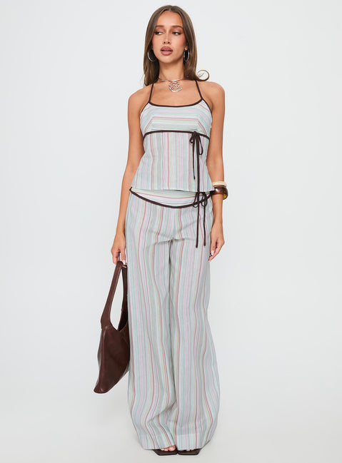 front view of model wearing Princess Polly Taylar Thick Waistband Tie Pants Green Stripe High Rise Pants Pants 