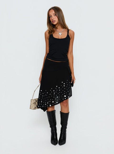   front view of model wearing Princess Polly Jezabela Asymmetrical Stud Midi Skirt Black Skirts 