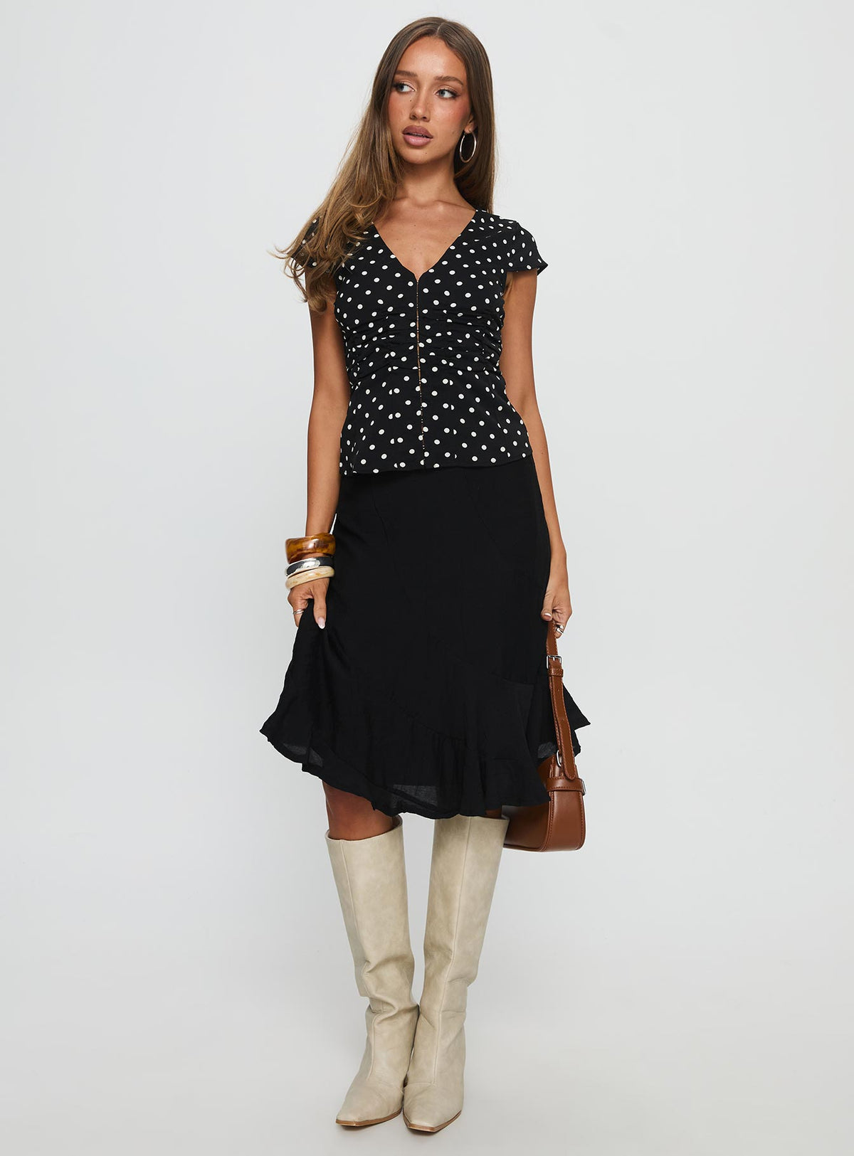   front view of model wearing Princess Polly With Kindness Midi Skirt Black Skirts 