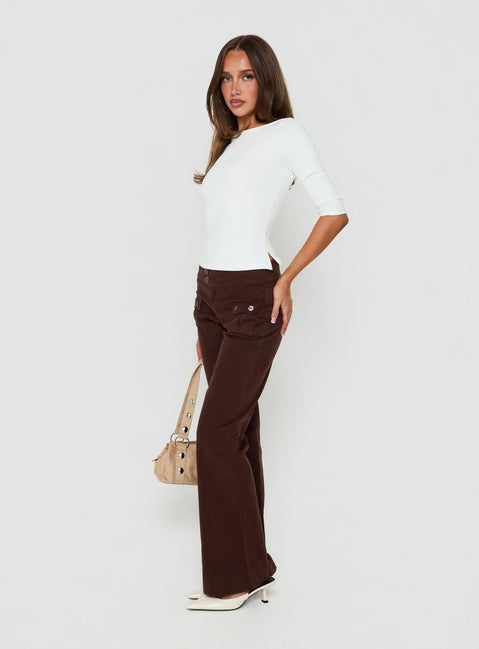 Crafted with Vanla Trouser Brown womens-regular-pants in high-rise waist and wide-leg style side view of model wearing Princess Polly