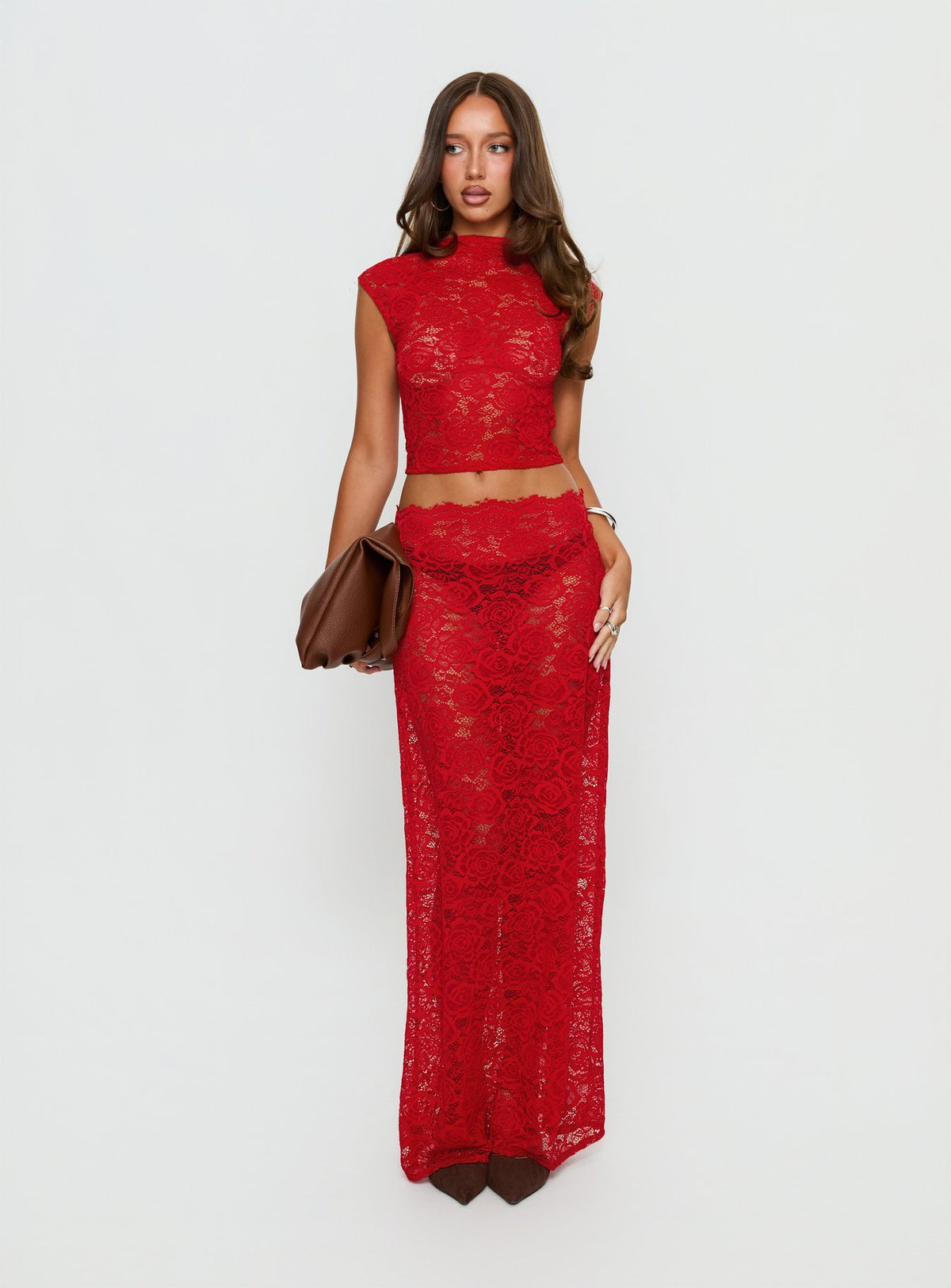  front view of model wearing Princess Polly Vionna Lace Maxi Skirt Red Maxi Skirts Skirts 