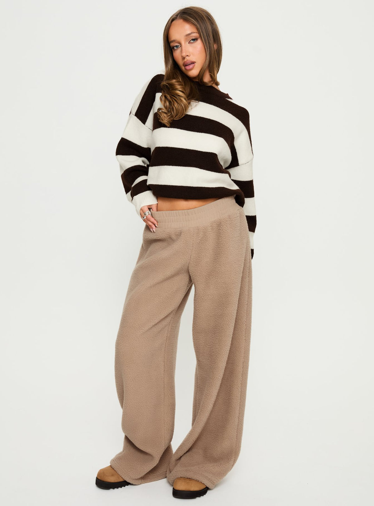 front view of model wearing Princess Polly Siberia Fleece Track Pant Light Brown High Rise Pants Pants 