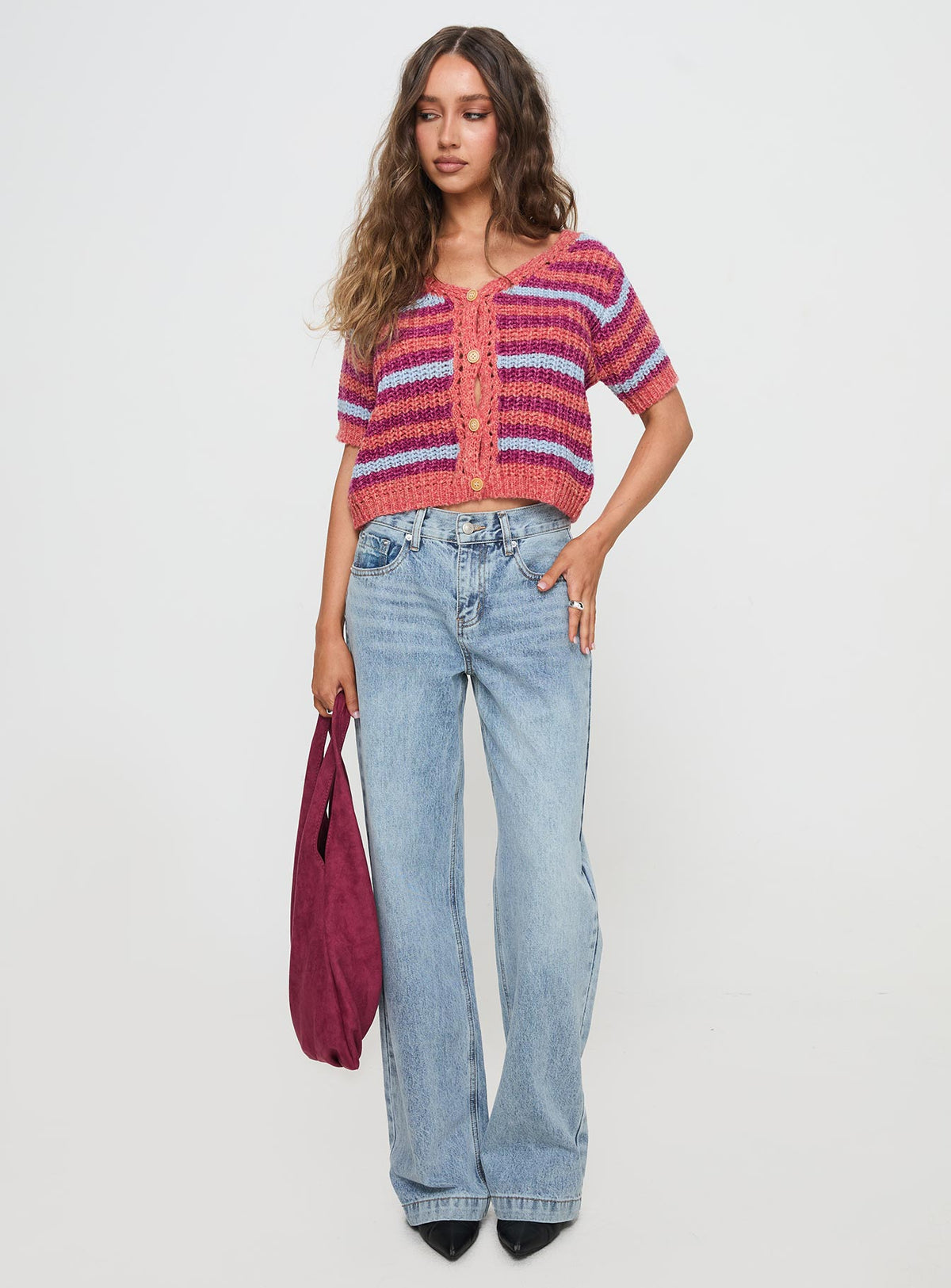 front view of model wearing Princess Polly Compassion Knit Cardigan Multi Cropped Jumpers Jumpers 