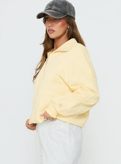 side view of model wearing Princess Polly Rozanna 1/4 Zip Jumper Butter Cropped Jumpers Jumpers 