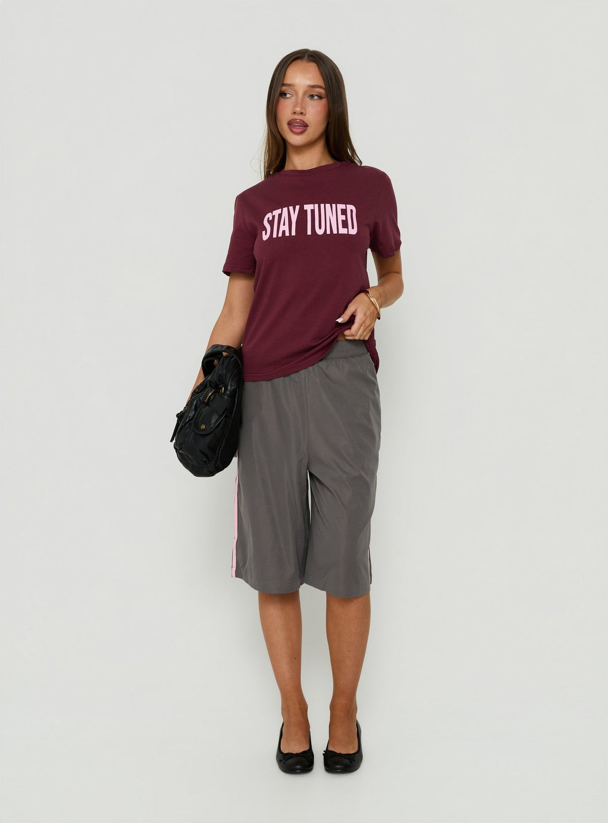 Stay Tuned Graphic Baby Tee Plum