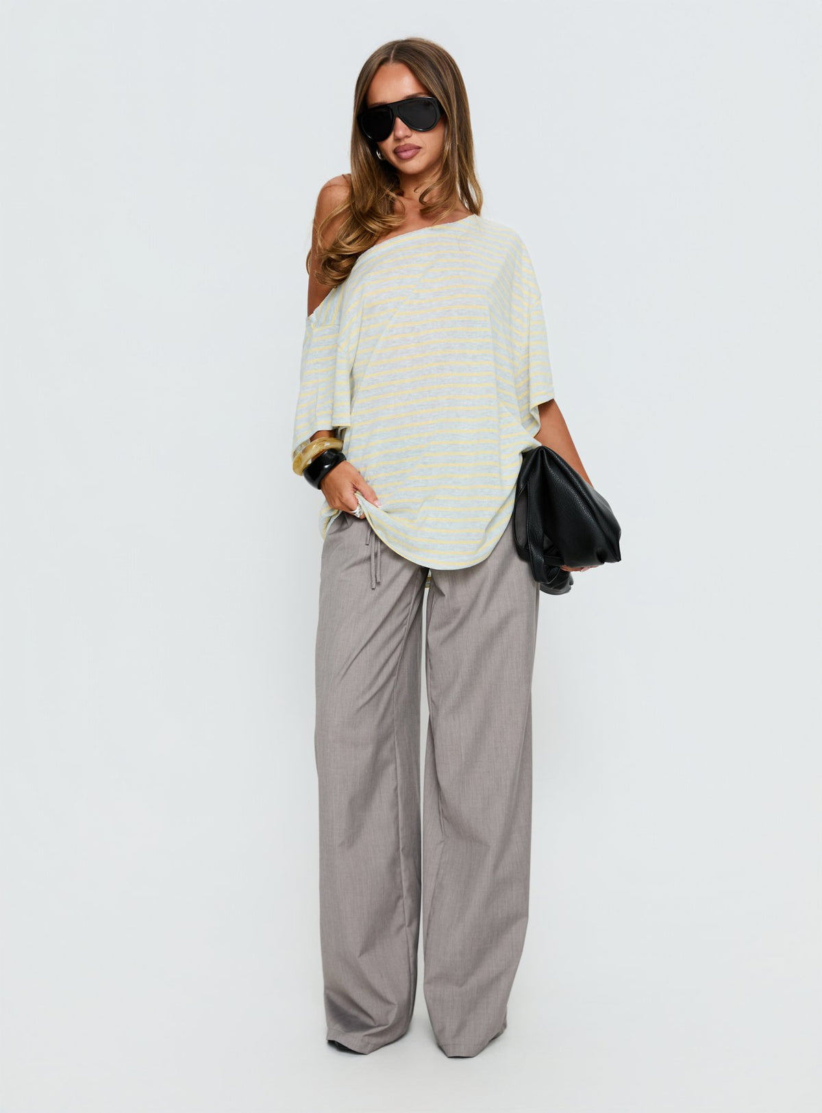 Winny Off Shoulder Tee Grey Marle / Lemon Stripe