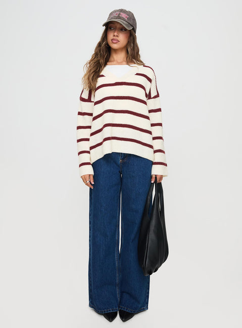 front view of model wearing Princess Polly Forte Knit Sweater Red / Cream Longline Jumpers Jumpers 