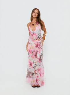   front view of model wearing Princess Polly Karzi Chiffon Maxi Skirt Pink Floral Maxi Skirts Skirts 