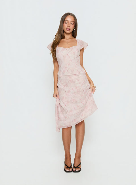   front view of model wearing Princess Polly Avaline Asymmetrical Midi Skirt Pink Skirts 