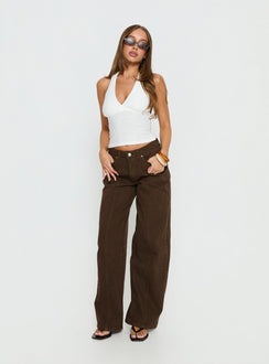 front view of model wearing Princess Polly Lando Low Rise Straight Leg Jeans Chocolate Mid Rise Jeans Jeans 
