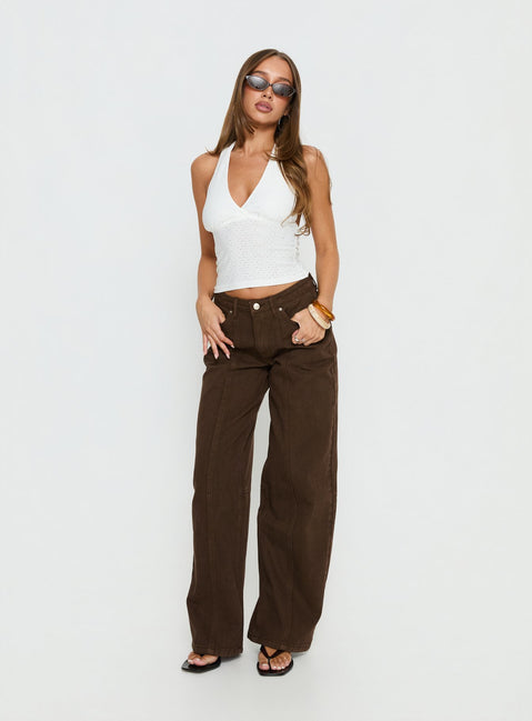 front view of model wearing Princess Polly Lando Low Rise Straight Leg Jeans Chocolate Mid Rise Jeans Jeans 