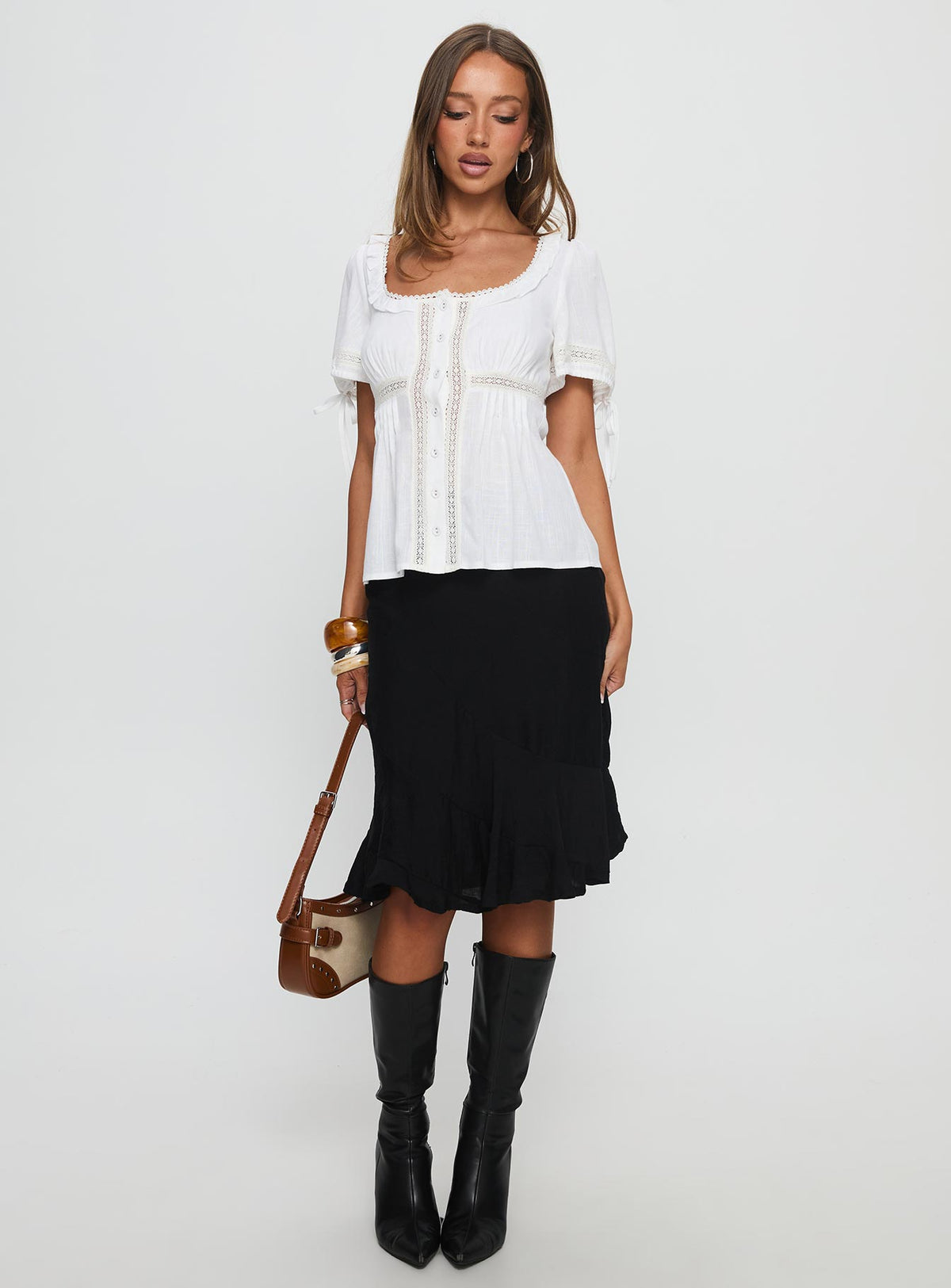 Indianah Pleat Lace Panel Blouse Top White
