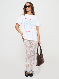 back view of model wearing Princess Polly Lombardio Lace Maxi Skirt White Maxi Skirts Skirts 