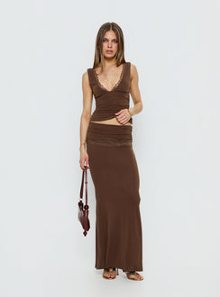   side view of model wearing Princess Polly Zespri Jersey Maxi Skirt Brown Maxi Skirts Skirts 